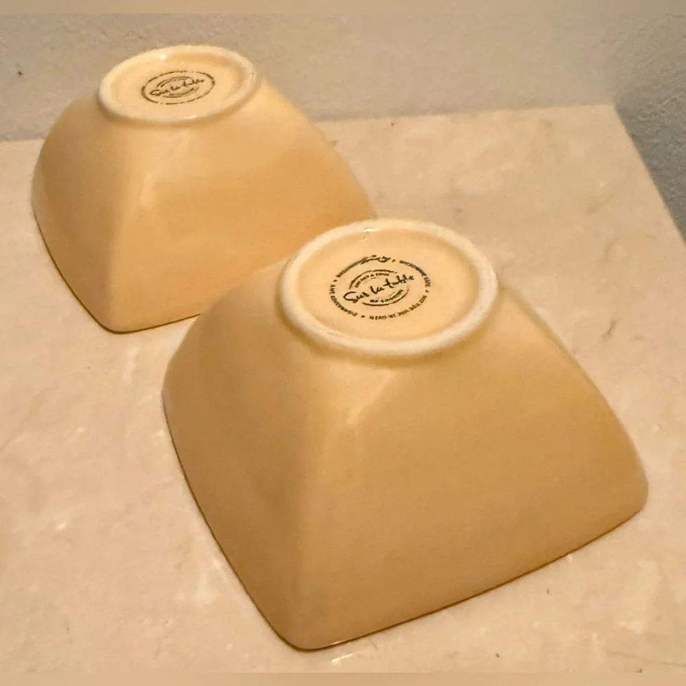 2 Sur La Table yellow 5” square bowls. New